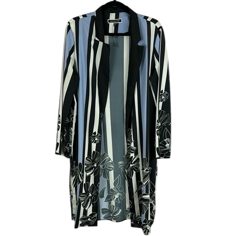 Striped Floral Open-Front Kimono Cardigan - Black & Light Blue